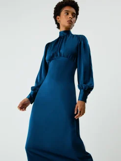Hot Satin Mock Neck Tie Back Long Sleeve Midi Dress Casual Dresses|Work Dresses