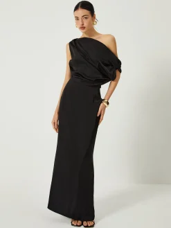 New Satin One Shoulder Off Split Long Dress Black Dresses|Casual Dresses