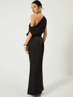 New Satin One Shoulder Off Split Long Dress Black Dresses|Casual Dresses