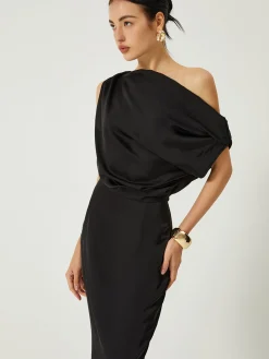 New Satin One Shoulder Off Split Long Dress Black Dresses|Casual Dresses