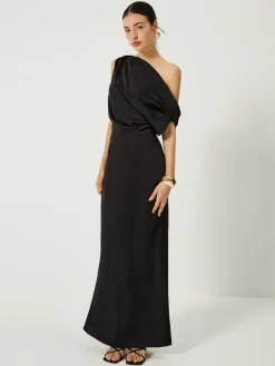 New Satin One Shoulder Off Split Long Dress Black Dresses|Casual Dresses