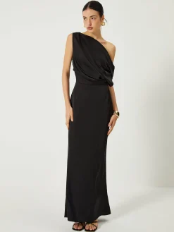 New Satin One Shoulder Off Split Long Dress Black Dresses|Casual Dresses