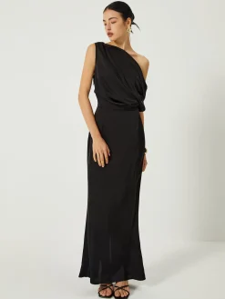 New Satin One Shoulder Off Split Long Dress Black Dresses|Casual Dresses