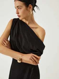 New Satin One Shoulder Off Split Long Dress Black Dresses|Casual Dresses