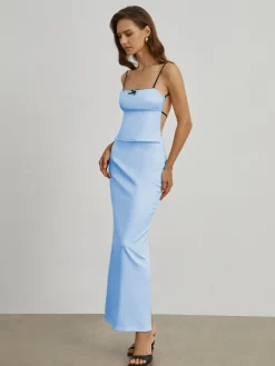 Best Satin Open Back Two Piece Skirt Set Skirt Sets|Long Sleeve Sets
