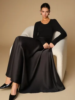New Satin Panel Jersey Long Dress Black Dresses|Cocktail & Party Dresses