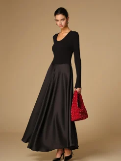 New Satin Panel Jersey Long Dress Black Dresses|Cocktail & Party Dresses
