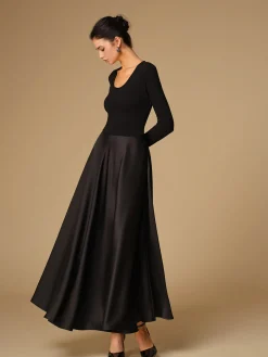 New Satin Panel Jersey Long Dress Black Dresses|Cocktail & Party Dresses