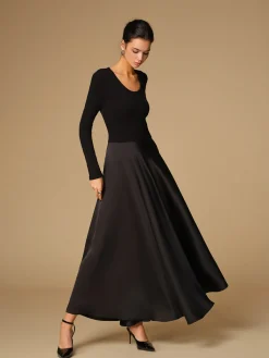 New Satin Panel Jersey Long Dress Black Dresses|Cocktail & Party Dresses