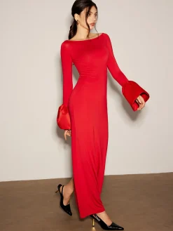 Satin Panel Jersey Split Dress Cocktail & Party Dresses|Long Dresses