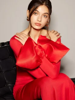 Satin Panel Jersey Split Dress Cocktail & Party Dresses|Long Dresses