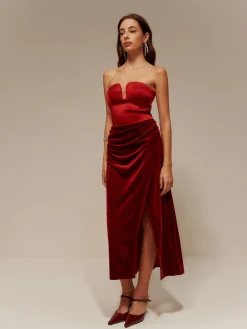 Hot Satin Panel Velvet Pleated Tube Dress Cocktail & Party Dresses|Long Dresses