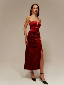 Hot Satin Panel Velvet Pleated Tube Dress Cocktail & Party Dresses|Long Dresses