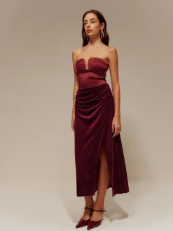 Satin Panel Velvet Pleated Tube Dress Cocktail & Party Dresses|Long Dresses