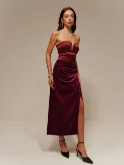 Satin Panel Velvet Pleated Tube Dress Cocktail & Party Dresses|Long Dresses