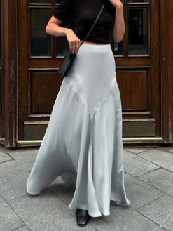 Best Satin Pleated Slit Skirt Skirts|Bottoms