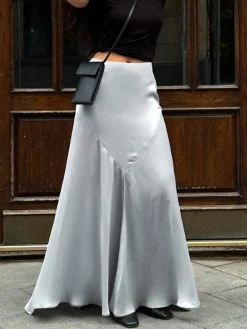 Best Satin Pleated Slit Skirt Skirts|Bottoms