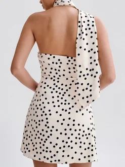 Hot Satin Polka Dot Asymmetrical Dress White Dresses|Casual Dresses