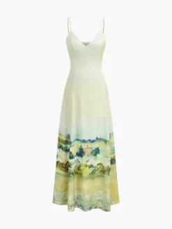 Discount Satin Print V-Neck Cami Dress White Dresses|Casual Dresses