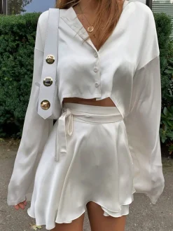 New Satin Raw Hem Tied Two Piece Skirt Set Skirt Sets|Long Sleeve Sets