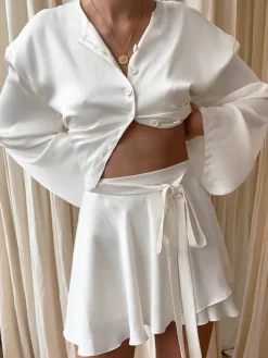 New Satin Raw Hem Tied Two Piece Skirt Set Skirt Sets|Long Sleeve Sets