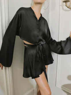 New Satin Raw Hem Tied Two Piece Skirt Set Skirt Sets|Long Sleeve Sets