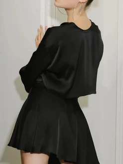 New Satin Raw Hem Tied Two Piece Skirt Set Skirt Sets|Long Sleeve Sets