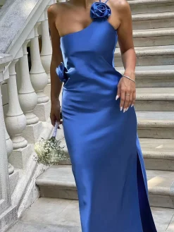 Best Satin Rose Decor Asymmetrical Open Back Maxi Dress Cocktail & Party Dresses|Summer Dresses