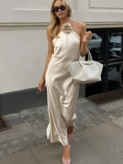 Online Satin Rosette Decor Halter Midi Dress Cocktail & Party Dresses|Vacation Dresses
