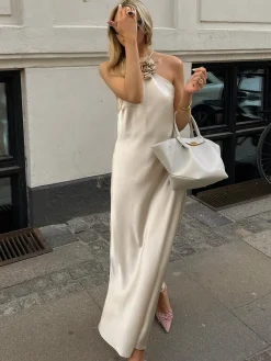 Online Satin Rosette Decor Halter Midi Dress Cocktail & Party Dresses|Vacation Dresses