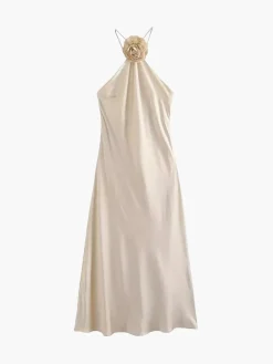 Online Satin Rosette Decor Halter Midi Dress Cocktail & Party Dresses|Vacation Dresses