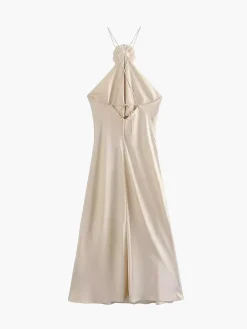 Online Satin Rosette Decor Halter Midi Dress Cocktail & Party Dresses|Vacation Dresses
