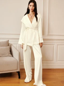Clearance Satin Solid Hood Belted Shirt Long Sleeve Sets|Blouses & Shirts