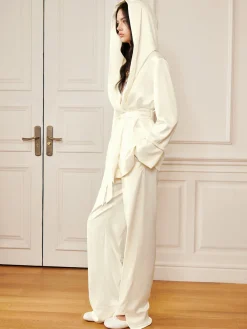 Clearance Satin Solid Hood Belted Shirt Long Sleeve Sets|Blouses & Shirts