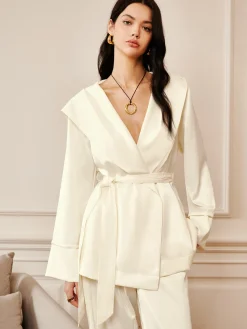 Clearance Satin Solid Hood Belted Shirt Long Sleeve Sets|Blouses & Shirts