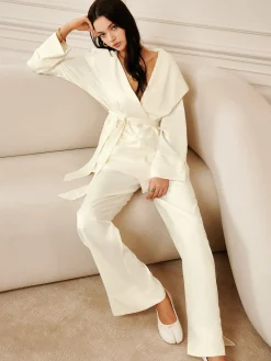 Clearance Satin Solid Hood Belted Shirt Long Sleeve Sets|Blouses & Shirts