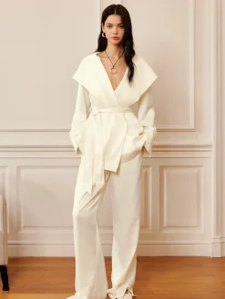 Clearance Satin Solid Hood Belted Shirt Long Sleeve Sets|Blouses & Shirts