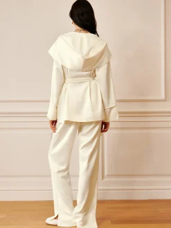 Clearance Satin Solid Hood Belted Shirt Long Sleeve Sets|Blouses & Shirts