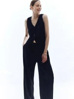 Discount Satin Solid V-Neck Pants Set Pants Sets|Matching Sets