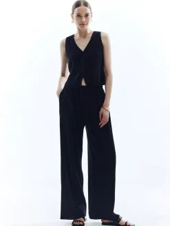 Discount Satin Solid V-Neck Pants Set Pants Sets|Matching Sets