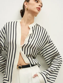 Sale Satin Striped Button Cozy Shirt Blouses & Shirts|Tops