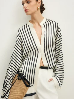 Sale Satin Striped Button Cozy Shirt Blouses & Shirts|Tops