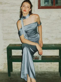 New Satin Tie Neck Off-Shoulder Long Dress Cocktail & Party Dresses|Summer Dresses
