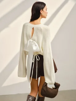 New Satin-Bow Bell Sleeve Short Sweater Knitwear|Tops
