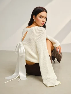 New Satin-Bow Bell Sleeve Short Sweater Knitwear|Tops