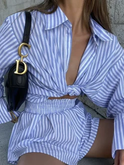 New Sea Soul Stripe Two Piece Shorts Set Shorts Sets|Long Sleeve Sets
