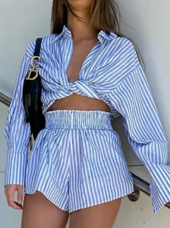 New Sea Soul Stripe Two Piece Shorts Set Shorts Sets|Long Sleeve Sets