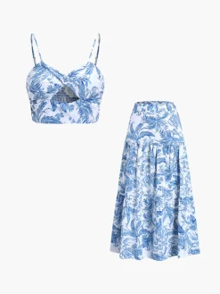 New Seaside Joy Print Twist Detail Skirt Set Skirt Sets|Long Sleeve Sets
