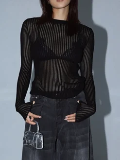 See Through Ribbed Mesh Top Sweater Tops|Sweaters & Cardigans