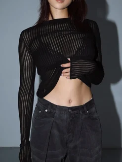 See Through Ribbed Mesh Top Sweater Tops|Sweaters & Cardigans